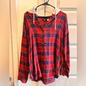BDG Red and Navy Plaid Hooded Flannel Shirt